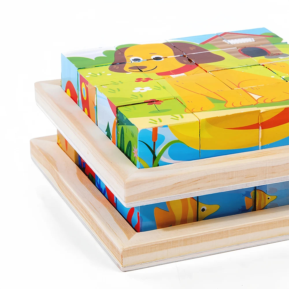 6-Piece Unisex 3D Puzzle Cube 6-in-1 Farm Animal Dino Jungle Wooden Block Tray Cartoon Toy Children Aged 3+ Years - Image 3