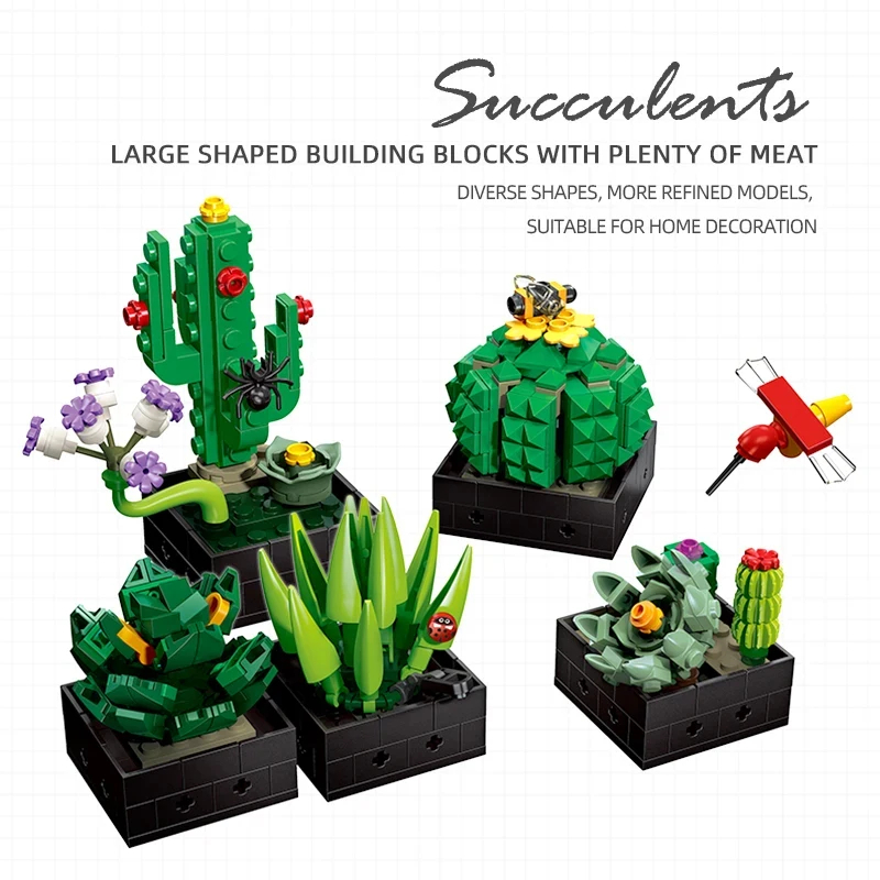 590PCS Creative Plastic Succulent Plant Flower Cactus Hummingbird Building Blocks Model Assemble Toys Kids Adults Perfect Gifts