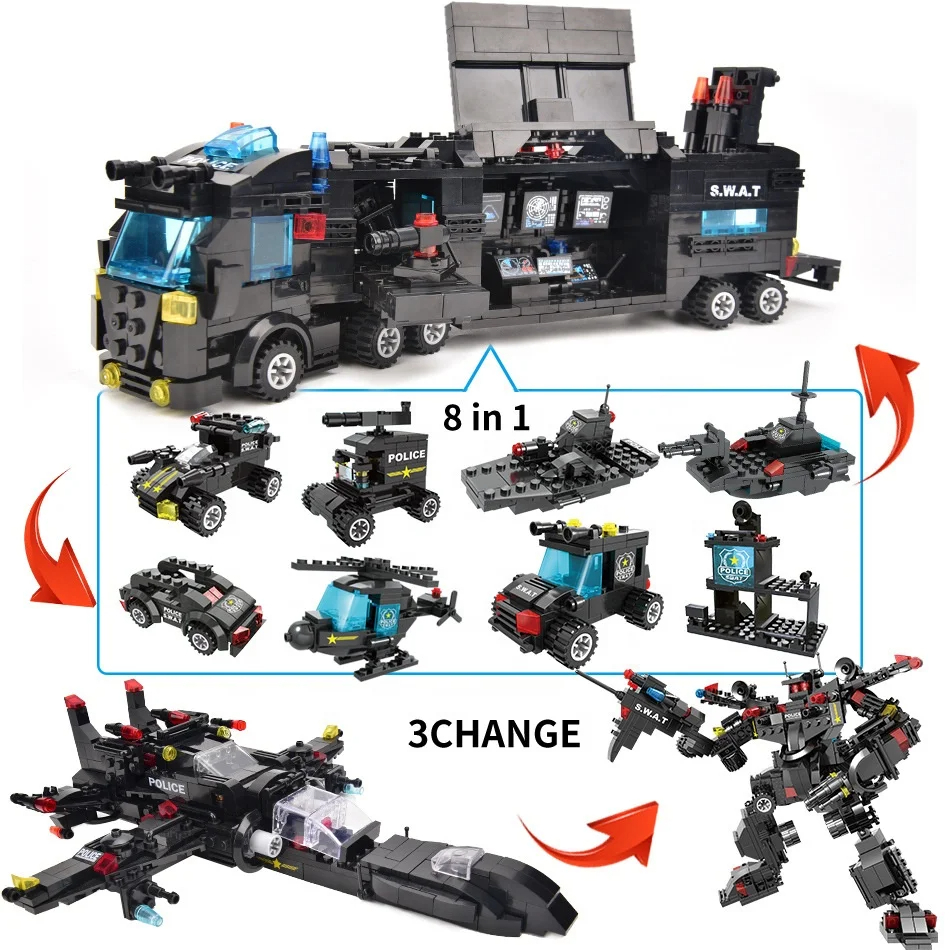 SWAT Mobile Command Center Truck Car Building Set Police Transform Blocks Car Fighter for Kids Boys - Image 2