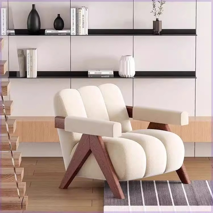 Modern Casual Single Sofa Chair Cream Solid Wood with Leather Cushion Designed for Office Balcony & Living Room Lazy Casual Seat - Image 3